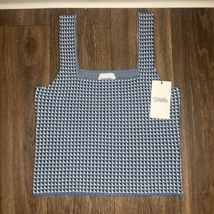 Stitches Stripes Womens Knit Tank Top Blue White Houndstooth Square Neck M